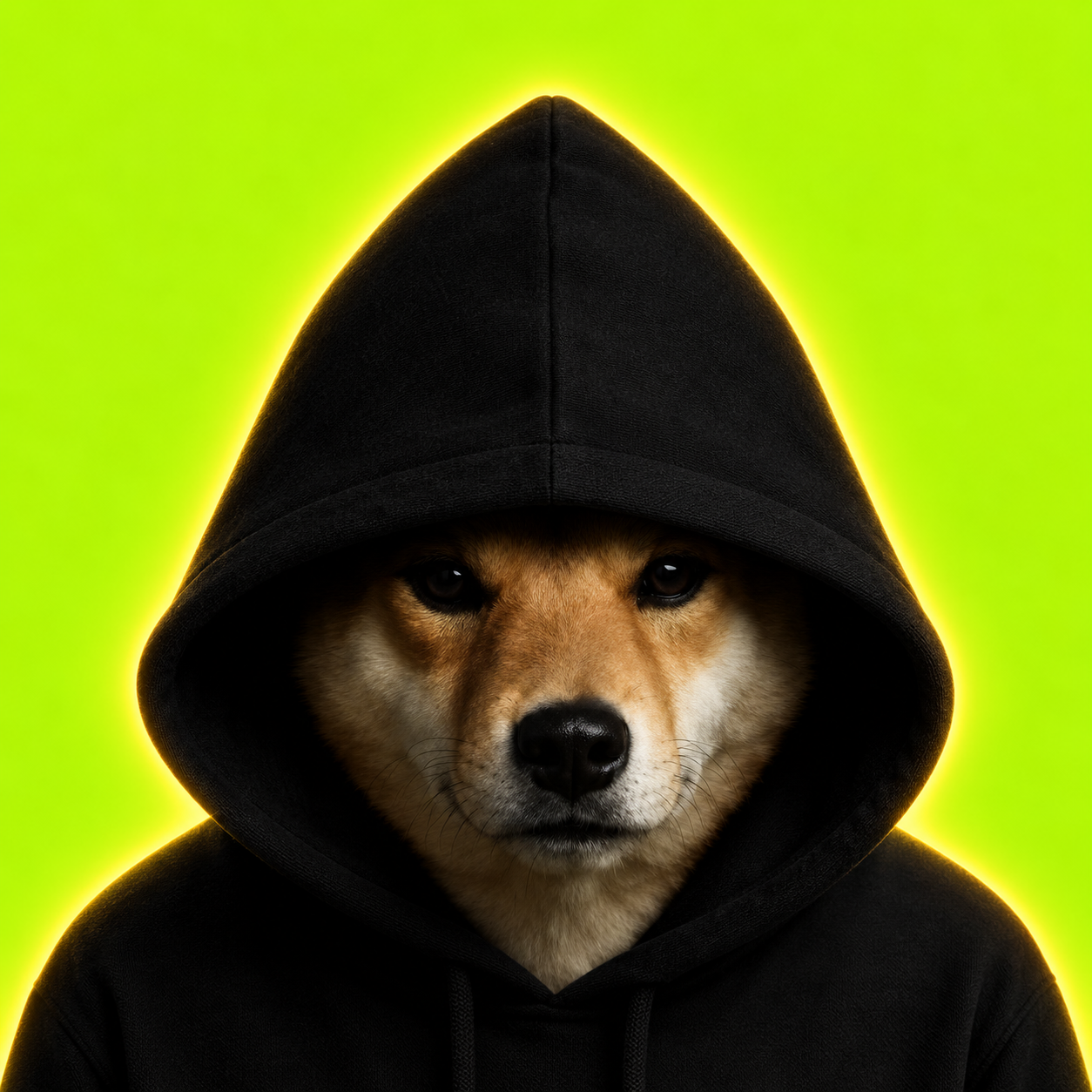 Shiba Inu wearing a black hood against a lime background